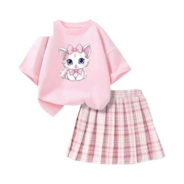 Imagem de Conjunto De Verão Para Meninas: Camiseta Rosa Com Laço E Saia Xadrez, 