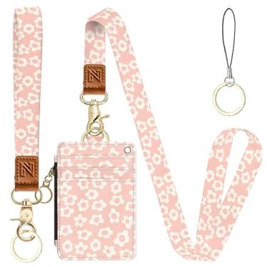 Imagem de Porta-crachá de identidade 2 em 1 de flor rosa e carteira com cordão para professores, enfermeiras, profissionais - linda bolsa de moedas com zíper, alça de pulso removível e cordão de pescoço, 5