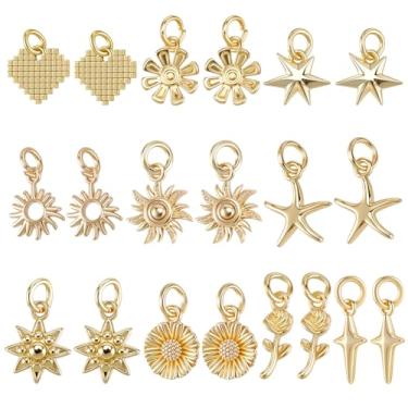 Imagem de SUNNYCLUE 1 caixa, 20 peças, pingentes de coração banhado a ouro 18 K, rosa, flor, sol, estrela-do-mar, com anel de salto, pingente para fazer joias, faça você mesmo, pulseira, colar, brincos, adultos