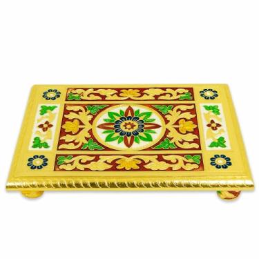 Imagem de Home Genie Chowki decorativo de madeira – Plataforma de madeira feita à mão com design de pavão para ídolos de Deus | Perfeito para sala de Pooja, templo, decoração espiritual e meditação.