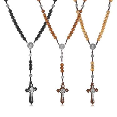 Imagem de HZMAN 3 peças de pulseira de rosário de madeira com crucifixo de Jesus, pulseira de embrulho e pingente de carro