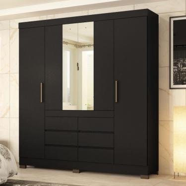 Imagem de Guarda-Roupa Casal Cádis 4 Portas 6 Gavetas com Espelho Preto/Amêndola - Demóbile
