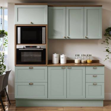 Imagem de Cozinha Modulada 100% Mdf 3 Peças com Torre Quente e Tampo Iluminata Verde Mint/Ébano Fosco