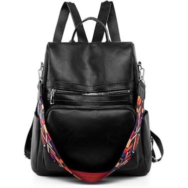 Imagem de Mochila Feminina Grande de Couro Sintético, Impermeável e Resistente para Viagem, Trabalho e Escola, com Alça Colorida, 35x34x14cm, Bolsa 2026 (Preto)