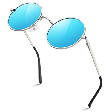Imagem de Óculos de sol retrô redondo polarizado masculino feminino John Lennon vintage M01, Silver Frame Mirrored Blue Lens/Polarized/Small Size, Medium