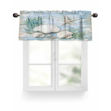 Imagem de Cortina de decoração estrela do mar concha de cozinha para janela grão de madeira haste bolso sanefa cozinha tratamento de janela para quarto sala de estar 107 x 30 cm