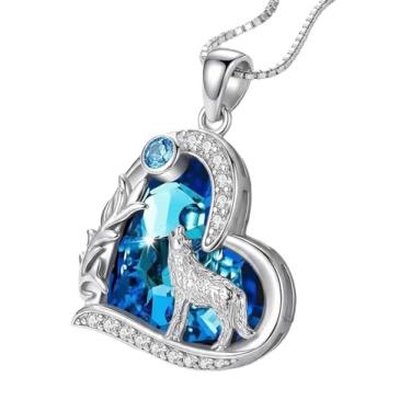 Imagem de Colar de lobo uivante com coração azul oceano pedra lobo pingente joias presentes para mulheres, colares de lobo, presente de aniversário para seus amantes de lobos, pingente feminino