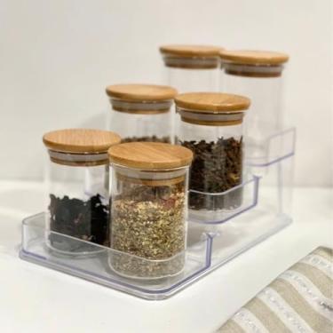 Imagem de Kit 6 Potes de Vidro 200ml com Tampa de Bambu para Temperos, Armazenamento e Organização de Cozinha (6 potes + Suporte Acrílico)