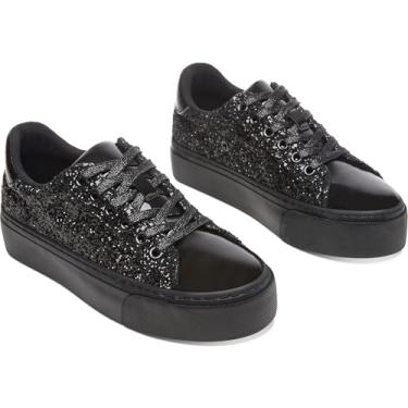 Imagem de AISFAES Tênis feminino com plataforma com glitter, cadarço brilhante, grosso, moderno, cano baixo, confortável, metálico, lantejoulas, tênis de caminhada, Glitter preto, 34