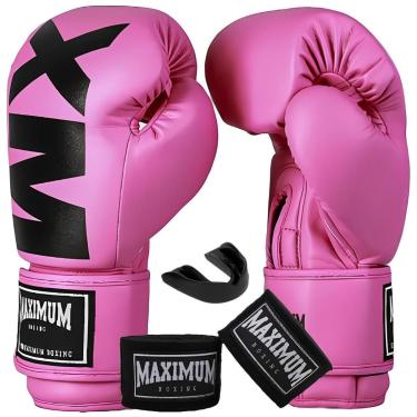 Imagem de Kit Luva de Boxe Muay Thai Feminina MXM Rosa e Preto + Bandagem 3m + Protetor Bucal - Maximum-Unissex