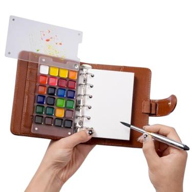 Imagem de Fuumuui Conjunto de viagem aquarela – Kit de pintura de viagem de 24 cores com capa de couro PU, papel de algodão 300gsm, pincel de viagem de ponta dupla com chumbo de carbono, design de anel