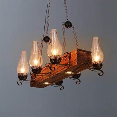 Imagem de Lustre vintage de madeira, estilo industrial, com 6 lâmpadas, pendente retrô, altura ajustável, soquete E27, ideal para decoração de sala de estar, quarto, café, hotel, corredor ou porão (lâ