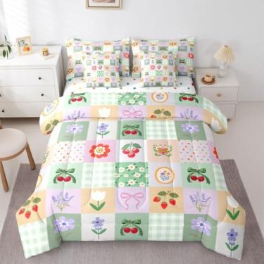 Imagem de Feelyou Conjunto de edredom de borboleta floral verde com 7 peças, lençol de solteiro, com estampa de flores fofas em uma bolsa, para crianças, meninos e meninas, conjunto de cama de princesa kawaii