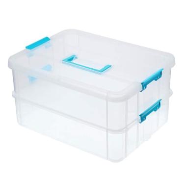 Imagem de SIBAO Caixa de armazenamento de plástico de 2 camadas com alça e tampa, organizador de contêiner multiuso empilhável de 33 cm com trava para escritório, artesanato, costura, livros e armazenamento de