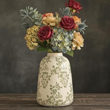 Imagem de Vaso de cerâmica vintage, vaso decorativo floral verde chinoiserie, vaso rústico retrô com acabamento rachado para decoração de casa, sala de estar, centros de mesa, cozinha, escritório, verde-03, 20