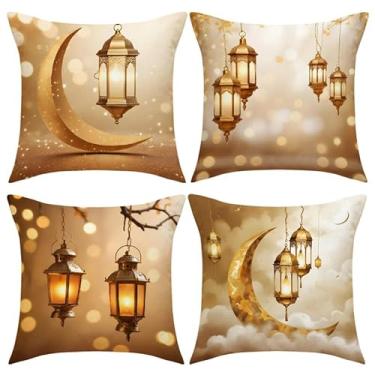 Imagem de 4 peças de capas de almofada douradas Ramadã Eid Light Moon Light Moon Square Islamic Lunar e Lantern Design Fronhas de linho com zíper para sofá, carro, sala de estar, decoração de casa, fronha 03