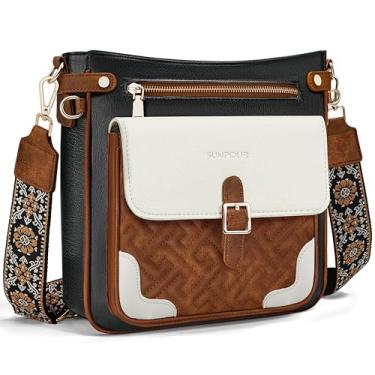 Imagem de Sunpour Bolsas transversais grandes para mulheres, bolsas transversais de couro com vários bolsos, bolsa de ombro de viagem de couro vegano RFID, bege, marrom e preto, Large, Bolsa transversal com