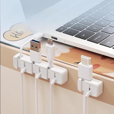 Imagem de Organizador de cabos de ação de alavanca de mesa, suporte de fio de dados com vários compartimentos para gerenciar cabos de carregamento (branco)