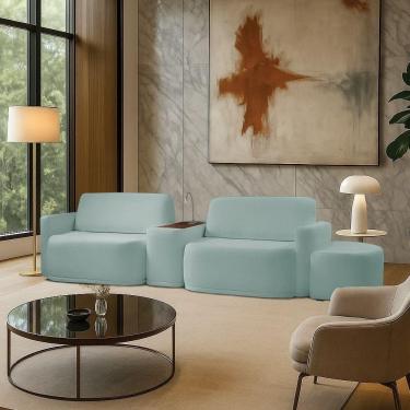 Imagem de Sofá Sala Modulado 279cm Com Puff Console Usb Luminária Brumma Bouclê K01 - D`rossi Cor Azul