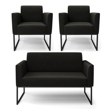 Imagem de Sofá Namoradeira Com 2 Poltronas Base Industrial Preto Marisa Suede Preto