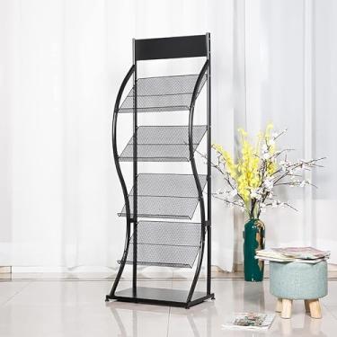 Imagem de LaYiQimn Porta-revistas com 4 bolsos, organizador de documentos literários de metal, suporte de exibição de catálogo para exposições/feiras/espaços públicos