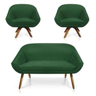 Imagem de Kit 01 Namoradeira 02 Lugares E 02 Poltronas Giratória Giovana Suede Base Madeira Mm30 D'rossi Verde