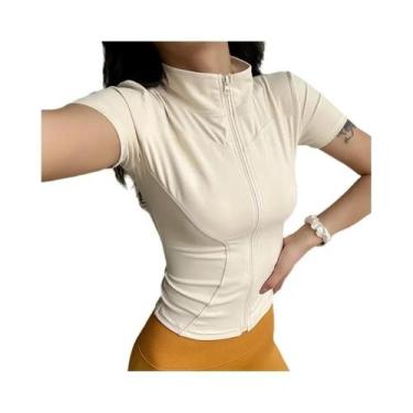 Imagem de Camisetas Femininas Slim Fit De Verão Para Yoga Com Gola Alta E Zíper,