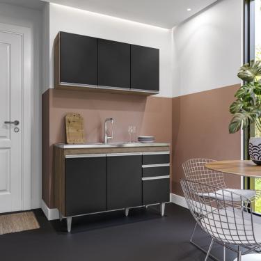 Imagem de Kit de Cozinha Melissa com Pia e Cuba GhelPlus 120cm 6 Portas 2 Gavetas Freijó Preto Maderatto Móveis