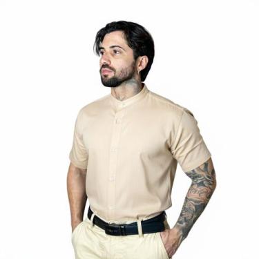 Imagem de Camisa Social Gola Padre Masculina Slim Fit Manga Curta - Volgue, Bege