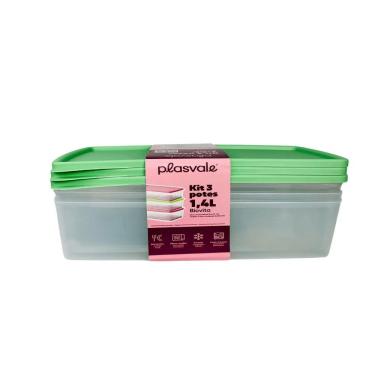 Imagem de Kit 3 Potes Herméticos Retangulares 1,4l Plasvale Verde