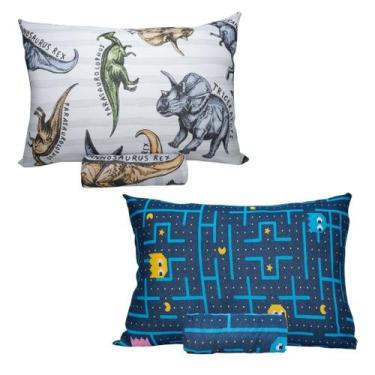 Imagem de Kit 2 Jogos Cama Menino Com Elástico Dinossauros Pacman Video Game Mal