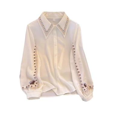 Imagem de Blusa De Chiffon Branca Com Bordado Floral Para Mulheres, Elegante E D