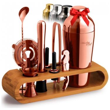 Imagem de Kit Bn Profissional Mixology Craft 10 Peças em Alumínio com Suporte de Bambu, Cor Cobre