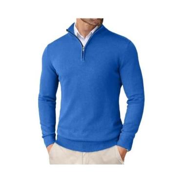 Imagem de Suéter Masculino Slim Fit Leve Com Zíper De Um Quarto, Gola Alta, Tric