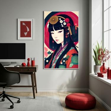 Imagem de Quadro Decor Mulher Samurai Gueixa 70x50cm Mold Preta