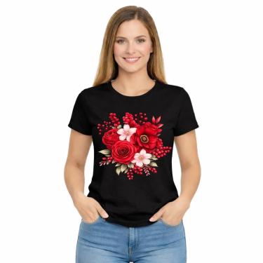 Imagem de Camiseta Feminina Estampada Rosa Flores Vermelhas Premium-Feminino