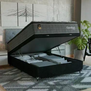Imagem de Cama Box Baú Viúva Colchão Comfort Class Pillow Top Cinza suede Preto 