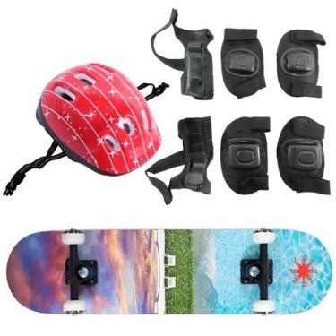 Imagem de Skate Semi Pro + Kit Proteção Completo Estampa Paisagem Belfix, Vermel