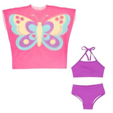 Imagem de Saída De Praia Tule Kimono + Biquíni Liso Menina Infantil - Fofotinhos