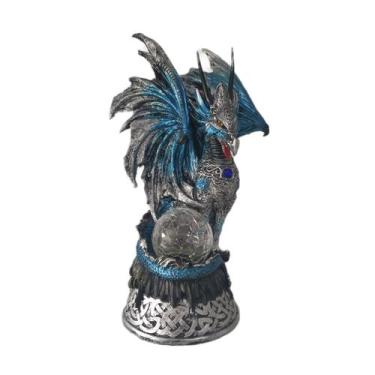 Imagem de Estátua Dragão Medieval 30cm resina bola luz led decoração - Artesanal