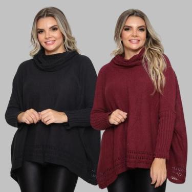 Imagem de Kit 2 Poncho Feminino Tricot Liso Gola Alta Casaco Lã Inverno - GIP, P