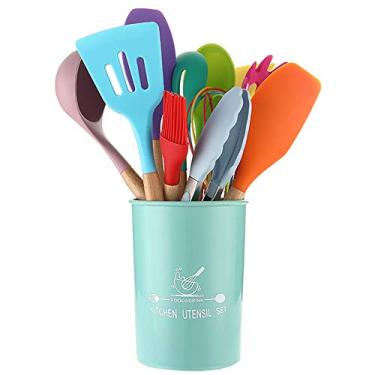Imagem de Conjunto de 12 peças de utensílios de cozinha, espátula antiaderente de silicone colorido, colher de sopa, cabo de madeira com caixa de armazenamento, utensílios de cozinha