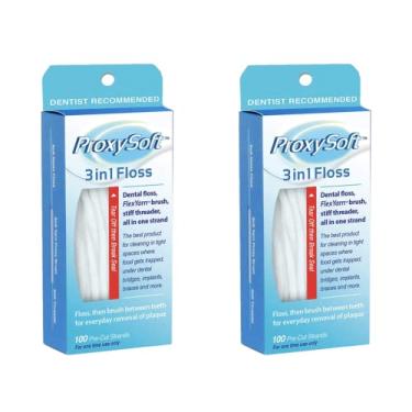 Imagem de ProxySoft Fio dental 3 em 1 para o melhor fio dental - 2 pacotes de passadores de fio orto pré-cortados para aparelhos, espaços apertados, pontes, implantes com escova proxy macia integrada e fio
