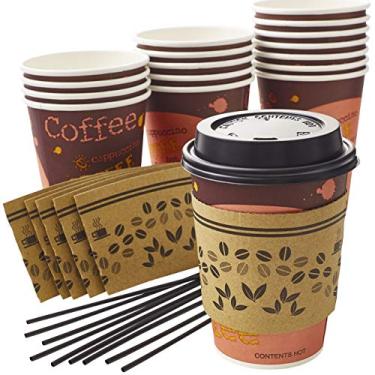 Imagem de Conjunto de copos de café All-in-One, sem vazamento, 340 ml Inclui mangas de papelão reciclável, divisores e tampas de cúpula. Melhor pacote de copos de papel descartáveis de 340 ml, perfeito para bebidas e bebidas quentes, Casual, Orange Print, 150 Pack