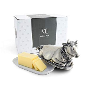 Imagem de Vagabond House Tampa de prato de queijo cremoso Mabel the Cow Butter com base de bandeja de grés 21,5 cm de comprimento