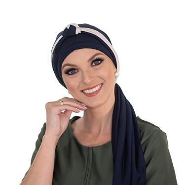 Imagem de Turbante Azul Marinho com Tiara de Nó Azul Marinho com Bege Quimioterapia