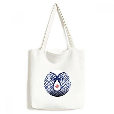 Imagem de Bolsa de lona com linha de flor azul da cultura chinesa bolsa de compras casual