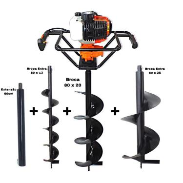 Imagem de KIT Perfurador de Solo Vulcan VPS520 2T 52CC 2,5HP com Broca 80x20cm + Broca Extra 80x12cm e 80x25cm + Extensão 60cm