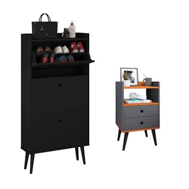 Imagem de Conjunto Sapateira Vertical 3 Gavetas Basculantes Dark e Mesa de Cabeceira Pequena Mesinha Nicho Organizador Decoração Quarto Dream - RPM (Preto | Cinza Cinamomo)
