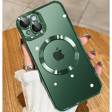 Imagem de JUESHITUO Capa magnética metálica brilhante transparente para iPhone 13 com proteção total da câmera [ímãs N52 fortes N52] [proteção contra quedas de grau militar] para mulheres meninas capa de telefone (15,5 cm) - verde